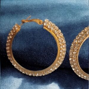 Gold Crystal Rhinestone Hoop 45mm Earrings New noTags